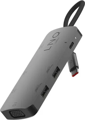 Produktbild von LinQ, USB-C Hub Multiport 7-in-1 PD 100W HDMI Triple 4K/VGA/USB-A, Grau