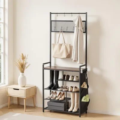 Produktbild von VEVOR Multifunktionale Flurgarderobe (75 x 30 x 180 cm) mit Schuhablage & Haken, Garderobenständer mit Seitentasche, Garderobe mit Stahlrahmen Geeignet für Eingangsbereich Schlafzimmer Schwarz