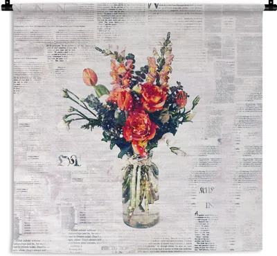 Produktbild von MuchoWow® Wandteppich Wandbehang Vase - Blumen - Zeitungspapier 150x150 cm Tapisserie Dekoration Wandtuch - Wohnaccessoires - Modernes