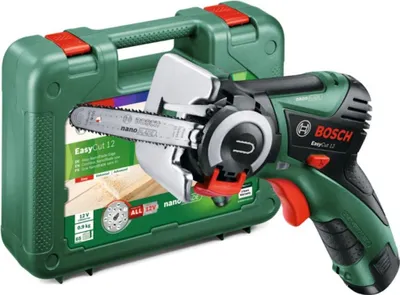 A Bosch cordless saw and its carrying case are displayed against a light gray background.