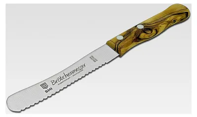 Produktbild von 22,5 cm Brötchenmesser mit Wellenschliff und Olivenholzgriff, nicht spülmaschinenfest