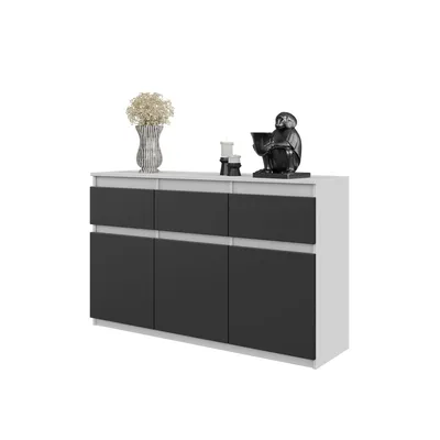 Zdjęcie produktu dla Komoda 120 Cm Biały Mat / Antracyt 3 Szuflady, 3 Drzwi, 3 Półki Salon