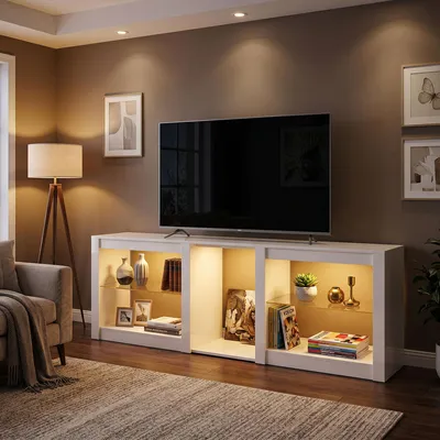 Image de Meuble TV avec éclairage RGB LED, finition laquée, étagères en verre, blanc | 160 x 35 x 52 cm | pour téléviseurs jusqu'à 75 pouces | capacité de charge de 50 kg