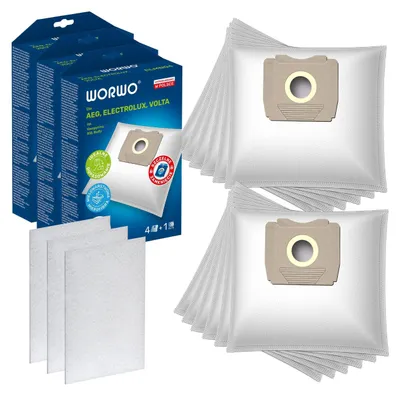 A product shot of vacuum cleaner bags and filters, with packaging visible.