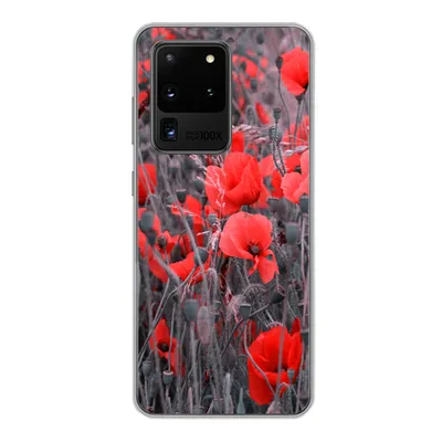 Produktbild von MuchoWow® Handyhülle Schutzhülle Hülle für Samsung Galaxy S20 Ultra Rote Mohnblumen in einem Schwarz-Weiß-Bild Silikon Softcase Handy Hülle - Karteninhaber