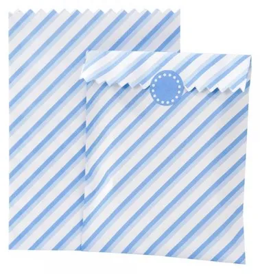 Produktbild von 10 Tüten + Sticker blau weiss gestreift 21 x 15 cm