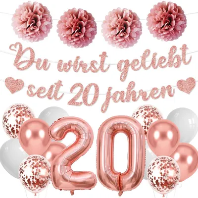 Zdjęcie produktu dla Zestaw dekoracyjny "20 urodzin" - balony i girlanda w kolorze różowego złota