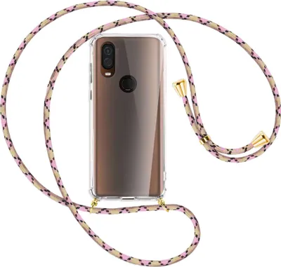 Produktbild von Handykette Backcover-Schutzhülle mit Band (Metall goldfarben) für Motorola One Vision - rosa Karo