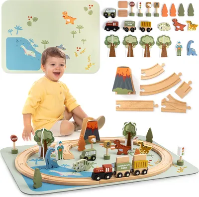 Produktbild von Holz-Eisenbahn Dino Park mit rutschfester Spielmatte – Dinosaurier, Zug, Schienen, Vulkan mit Glocke – Mamabrum