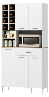 Produktbild von Küchenschrank Buffetschrank mit Arbeitsplatte, 5 Türen, Weinregal, Schublade, Hochschrank mit verstellbaren Einlegeböden, Kabelloch, moderner Vorratsschrank, Weiß, 90 x 35 x 183 cm