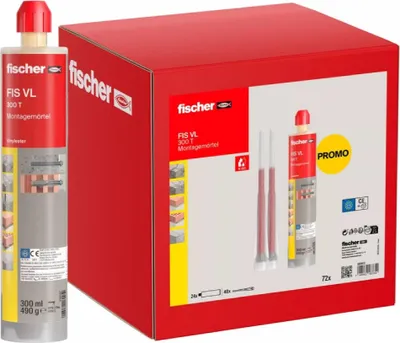 Produktbild von FISCHER Montagemörtel FIS VL 300 T, 2K-Injektionsmörtel, für Beton und Mauerwerk, 24 x 300 ml Kartuschen und 48 x Statikmischer