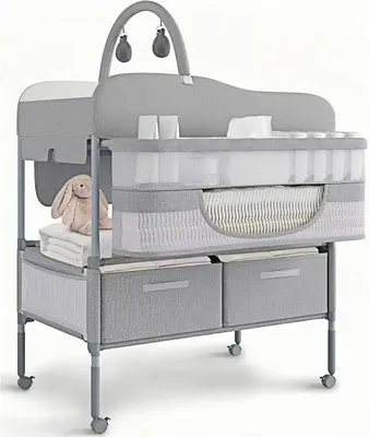 Imagen del producto de Cómoda para bebés, organizador multifuncional con cambiador, cajones, compartimentos, perchero