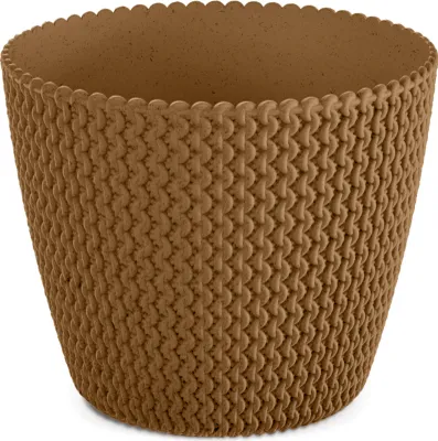 A brown knitted-look plant pot on a white background.