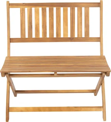 A wooden garden bench with a slatted backrest and seat, shown from the front against a white background.