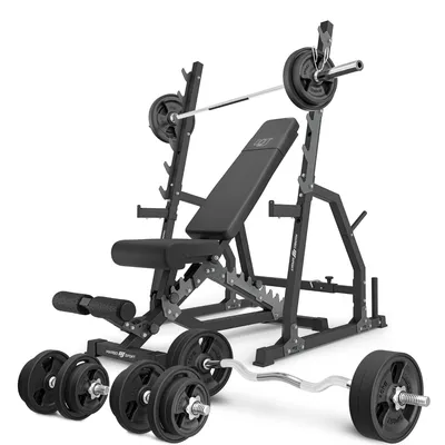 Produktbild von Marbo Sport - Set MS3_2.0_113KG_G | Doppelseitige Bank + Verstellbare Hantelablage mit Notablage und Abstandsverstellung + Stangen- und Hantelscheiben gummiert Set 113 kg