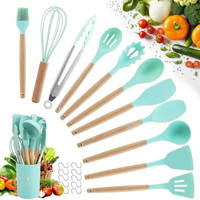 Immagine prodotto di Set di utensili da cucina in silicone con supporto e ganci