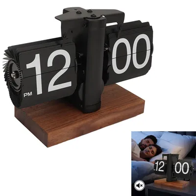 Produktbild von Retro Flip Tischuhr 24h, automatische Klappuhr mit Quarzwerk, Metall-Holz-Design, batteriebetrieben, 21×8×17 cm