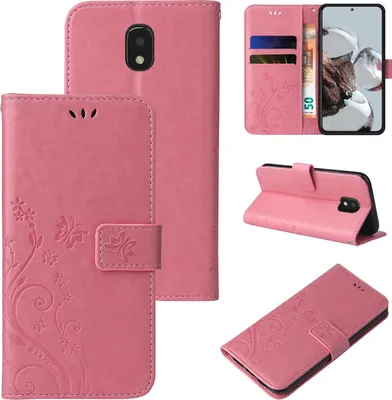 Produktbild von Handyhülle für Samsung Galaxy J3 (2017) Floral Blumen Schmetterling Flip Cover Hülle Case Klapphülle Handytasche Farbe: Rosegold