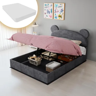 Imagen del producto de Cama infantil tapizada de 140x200 cm con colchón, espacio de almacenamiento hidráulico y revestimiento de terciopelo, diseño acolchado con cabecera redondeada, color gris