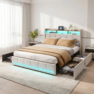 Produktbild von INONEFT Polsterbett 160x200cm mit 4 Schubladen, Doppelbett mit LED und USB,LED Bett, Jugendbett mit Stauraum,Kopfteil mit Stauraum, Bettwäsche,Beige