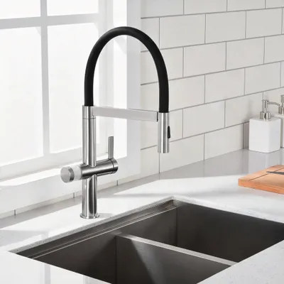 Produktbild von 304 Edelstahl Küchenarmatur, Ausziehbarer Auszug, Magnetisch, Filterfunktion, 2 Strahlarten, 360° Drehbar, Kaltstart-Ventil, für Doppelspülen