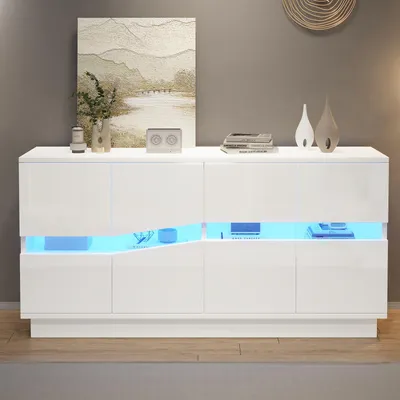 Zdjęcie produktu dla Komoda stojąca Merax z wysokim połyskiem, z 4 drzwiczkami i regulowanymi półkami, system otwierania "push-to-open", komoda z oświetleniem LED Bluetooth, geometryczne fronty z akrylu, do salonu, kolor biały