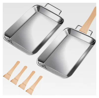 Produktbild von 2 Stück Grillschalen aus Edelstahl 20 × 12,8 cm mit Holzgriff, hitzebeständige Grillutensilien, robust und verschleißfest, ideal für Picknicks, Camping, BBQs (Silber)