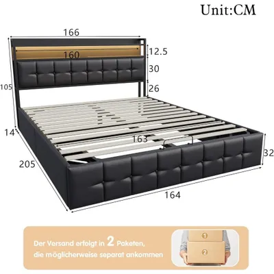 Zdjęcie produktu dla Łóżko z pojemnikiem - Rama łóżka - Komoda nocna - Szafka do przechowywania - Łóżko dwuosobowe - 160x200 cm - Z oświetleniem LED