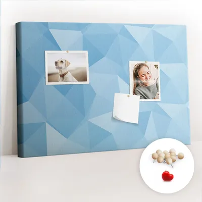 Obrázek produktu pro Korková nástěnka s kolíčky - Tabule s kolíky pro fotografie a poznámky - 60x40 cm - Připínáčky dřevěné 100 kusů - Abstraktní trojúhelníky