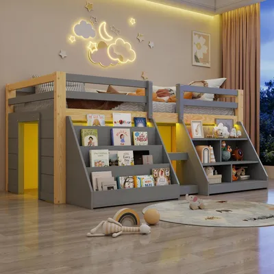 Zdjęcie produktu dla Łóżeczko dziecięce, półwysokie, 90x200 cm, z oświetleniem LED, z miejscem do przechowywania, wykonane z drewna sosnowego, kolor: szary + naturalny