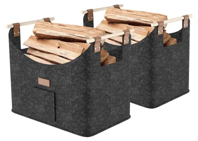 Immagine prodotto di TANYEAR: Set di 2 cesti in feltro per legna da ardere, capacità 40 kg, colore grigio scuro, pieghevoli, ideali per la legna da camino