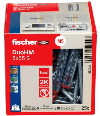Obrázek produktu pro Fischer DuoHM 5 x 55 S PH PZ, Hmoždinka do zdi, Šedá, Křížový, PZ2, 5 mm, 55 mm
