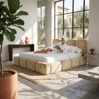 Produktbild von MUFFO Polsterbett SUENO MAXI 140x200 cm in Beige, gepolstertes Kopfteil, Metalllattenrost, Bettkasten, Velour-Stoff, KI-generiertes Bild