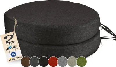 Produktbild von sunnypillow 2er Set Stuhlkissen Rund Ø 40 cm, wasserdicht UV-lichtecht, 7cm dick - Outdoor Polsterauflage mit Bändern - Auflage für Stühle,Bänke - Sitzkissen Stuhlauflage für Haus und Garten - Schwarz