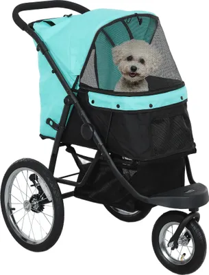 Zdjęcie produktu dla Wózek dla psa PawHut Jogger Dog Buggy składany dla małych psów i kotów do 10 kg, z 3 dużymi gumowymi kołami, poduszką, siatką okienną, koszykiem do przechowywania, wózkiem dla kota ze smyczami bezpieczeństwa, turkusowy