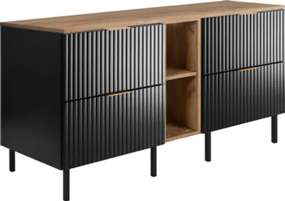 Obrázek produktu pro Koupelnová skříňka, černá / dub craft + zlatá rukojeť, 140 x 77 x 46 cm