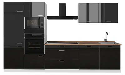 Imagen del producto de Mueble de cocina Vicco R-Line Negro brillo intenso/Blanco 340 cm encimera Roble dorado, Model 66590