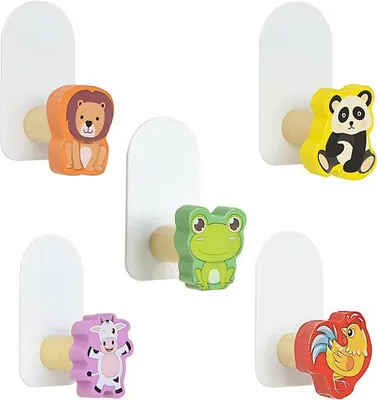 Produktbild von Kinderkledinghaken - Haken für Kinderkleidung - Selbstklebende Garderobehaken für Kinder - Haken für Handtücher ohne Bohren - Kinderzimmerhaken aus Holz