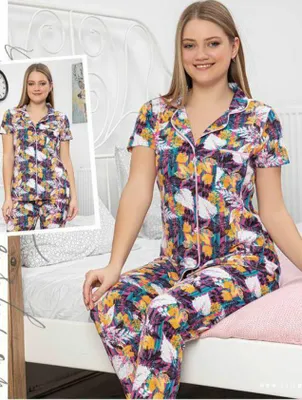 Produktbild von Damen Pyjama Schlafanzug Lila L Kurz Baumwolle mit Knöpfen 2 Teiler S-94