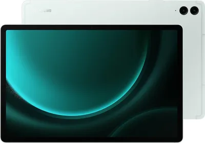 A white Samsung Galaxy Tab S9 FE tablet is shown from the front and back, with the screen displaying a teal abstract wallpaper.
