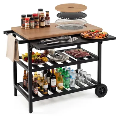 Zdjęcie produktu dla Wózek do grillowania KOMFOTTEU Outdoor, stolik do grillowania na kółkach, mobilny stolik do pizzy z koreańskim grillem na węgiel drzewny, składanym stolikiem bocznym, 2 półkami, metalowy wózek do serwowania, do grillowania, imprez, kempingu