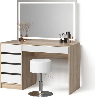 Produktbild von Schminktisch Livinity Imola Weiß/Sonoma mit LED-Spiegel und Hocker, Model 52380