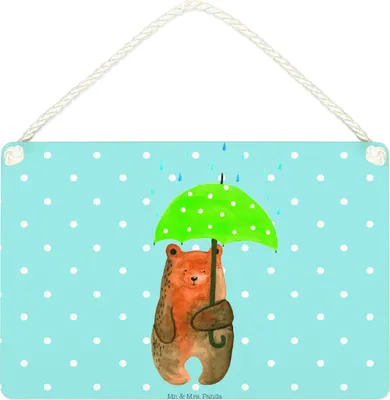 Produktbild von Mr. & Mrs. Panda Schild Bär Regenschirm DIN A4 - Blau Pastell - Geschenk, sprüche, Freunde, Liebeskummer, Pärchen, holzbild, Teddy, Wandbild Holz, Türschild, Holzschild