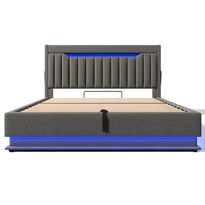 Produktbild von Flieks Polsterbett 180x200cm mit Ladefunktion (USB & Type-C), Doppelbett Jugendbett mit Led, Stauraumbett Boxspringbett mit Stauraum, Leinen, Grau