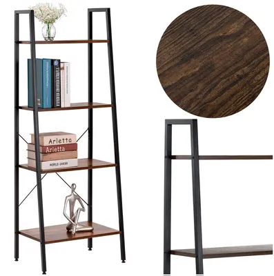 Productafbeelding van Boekenkast - Ladderrek - Rek - 4 Etages - 138x56x34 cm - 100 KG - Gepoedercoat Metaal - Donkerbruin/Zwart