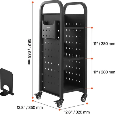 Obrázok produktu pre VEVOR vozík na knihy, nosnosť 100 kg, knižničný vozík, 32 x 35 x 93,5 cm, jednostranná knižnica v tvare L s dvojbrzdovými kolieskami, knižničný vozík do obývačky, kancelárie, školy, čierny