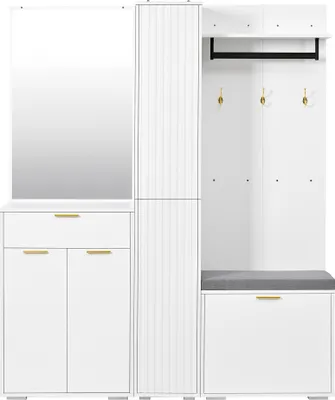 Produktbild von Merax Garderobenset, schmale Wandgarderobe mit Spiegel, Kleiderstange, 3 Türen, Klappen, Schublade, 3 Haken, Sitzbank, Flurschrank, Schuhschrank, Weiß