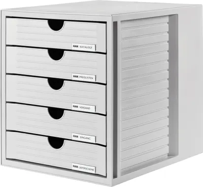 Produktbild von HAN Schubladenbox SYSTEMBOX mit 5 geschlossenen Schubladen für Unterlagen bis DIN C4, Schreibtisch oder im Schrank, inkl. Auszugsperre + Beschriftungsclip, möbelschonende Gummifüße, 1450-11, lichtgrau