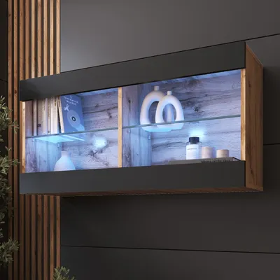 Produktbild von Komodee, Hängende Vitrine Schrank Tivoli, Schwarz/Wotan, Breite 100cm x Höhe 50cm x Tiefe 29cm, LED Blau, 2 Regalböden, für Wohnzimmer, Schlafzimmer, Eingang