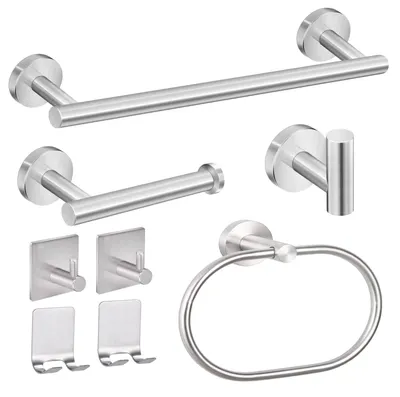 Imagen del producto de Conjunto de accesorios para baño de 8 piezas, acero inoxidable: soporte para toallas, soporte para papel higiénico, ganchos